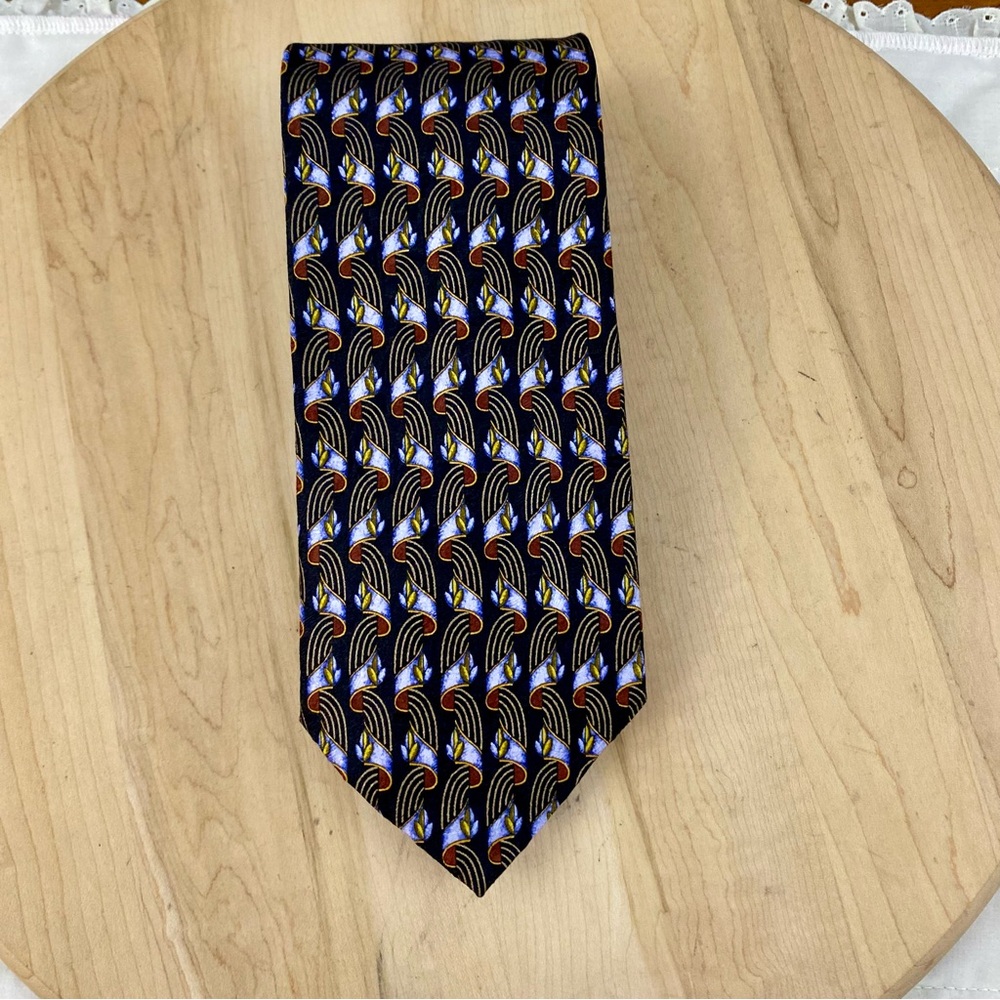 Ermenegildo Zegna Mens Tie‎ Woven 100% Silk Black Blue Geometric Floral Abstract